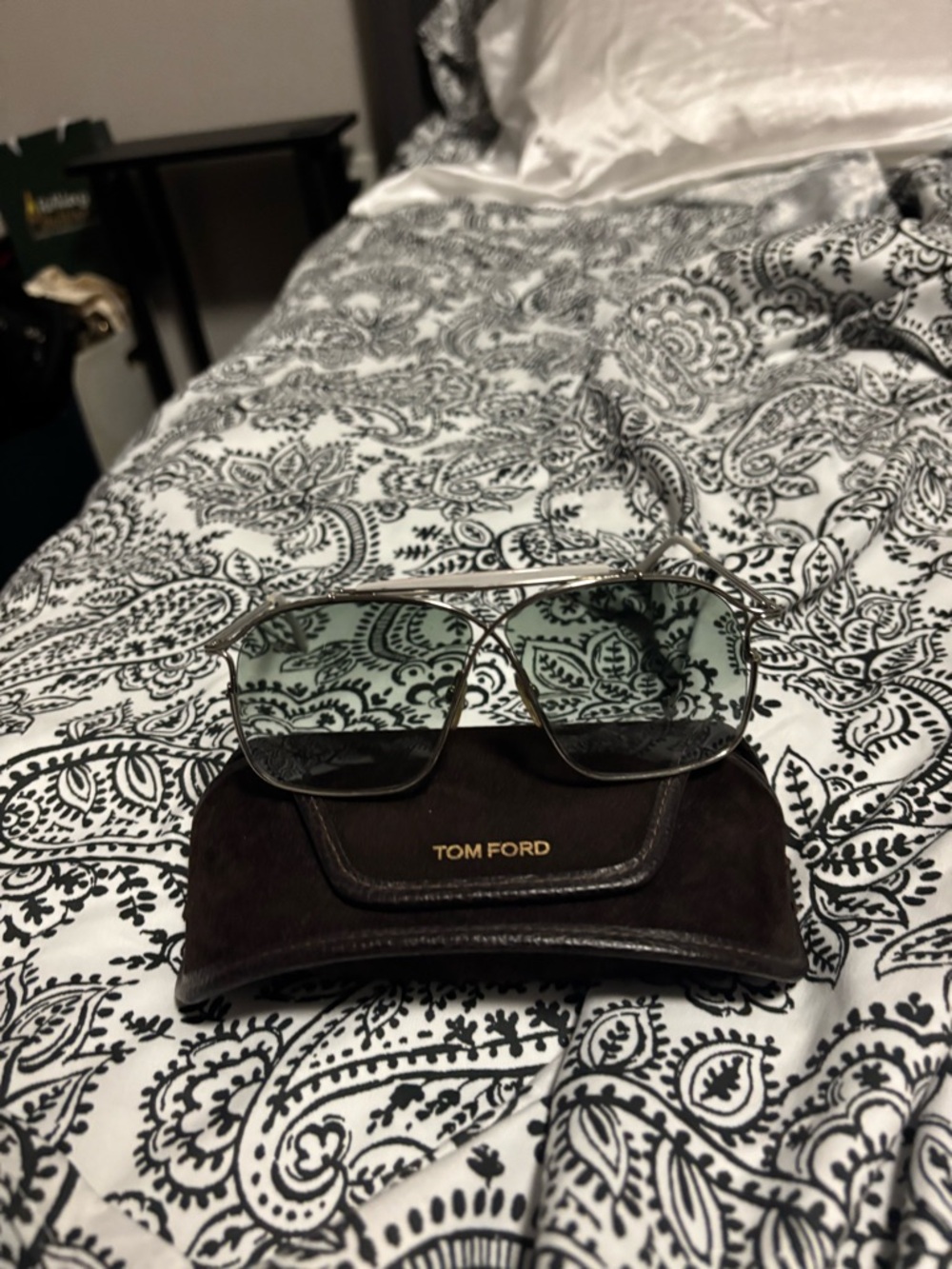 Tom Ford Men’s Silver Frame Sunglasses with Light Green Lenses